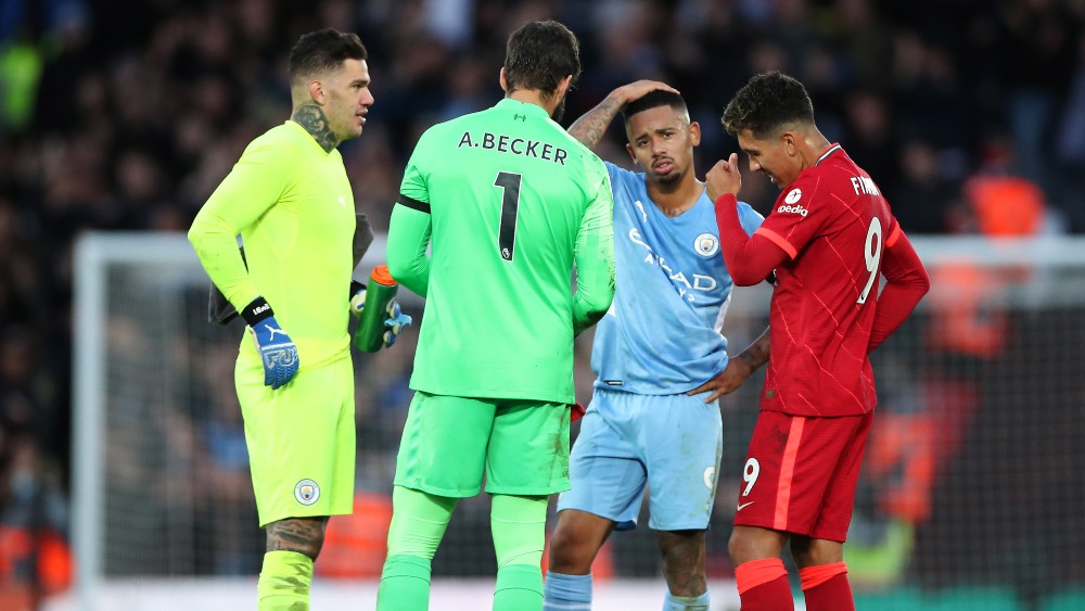 Premier League Brasilians after the Liverpool-Man City derby (Ederson, Alisson, Jesus & Firmino) (©Gallo Images)